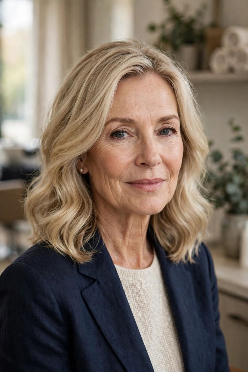 Blonde hair color idea for women over 50: Champagne Blonde