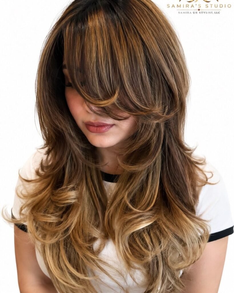 Side-swept bangs - long layered haircut for women over 50