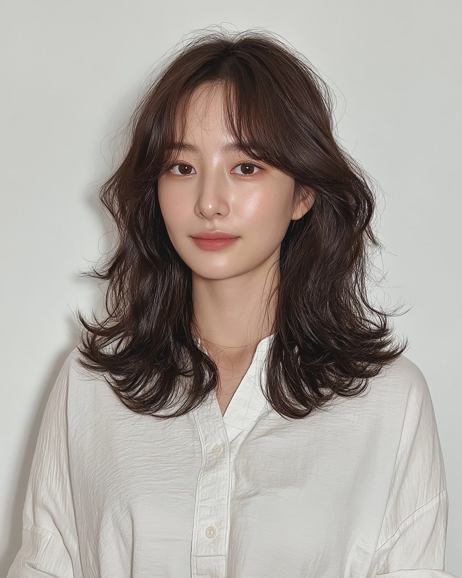 Young East Asian woman with shoulder-length dark brown hair and soft C-curl perm ends