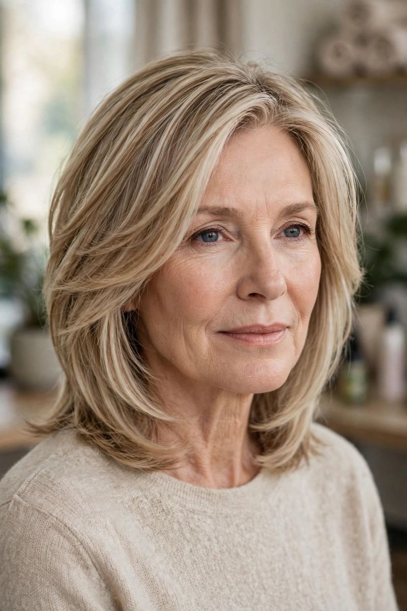 Blonde hair color idea for women over 50: Light Dimensional Blonde