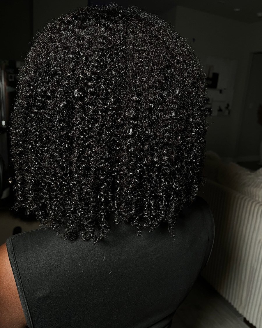 Rear view of dense tightly coiled black hair in a shoulder-length wash-and-go