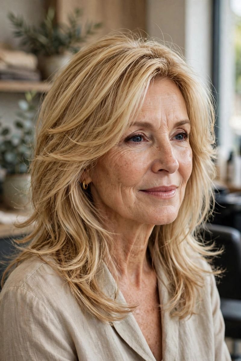 Blonde hair color idea for women over 50: Golden Blonde