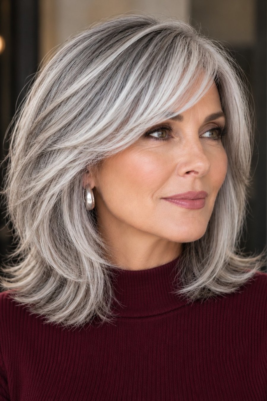 Long Bob with Side-Swept Bangs and Glasses medium length hairstyle for women over 70