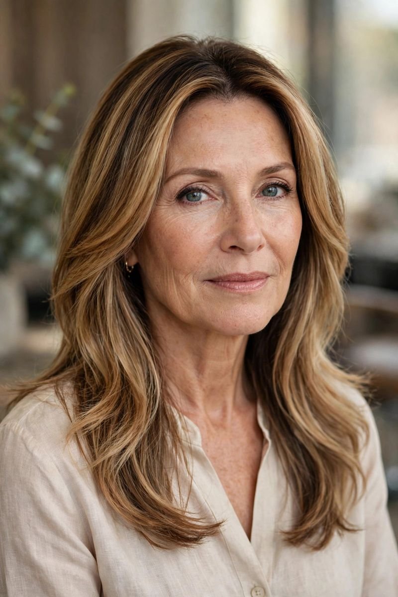 Blonde hair color idea for women over 50: Caramel Blonde Melt