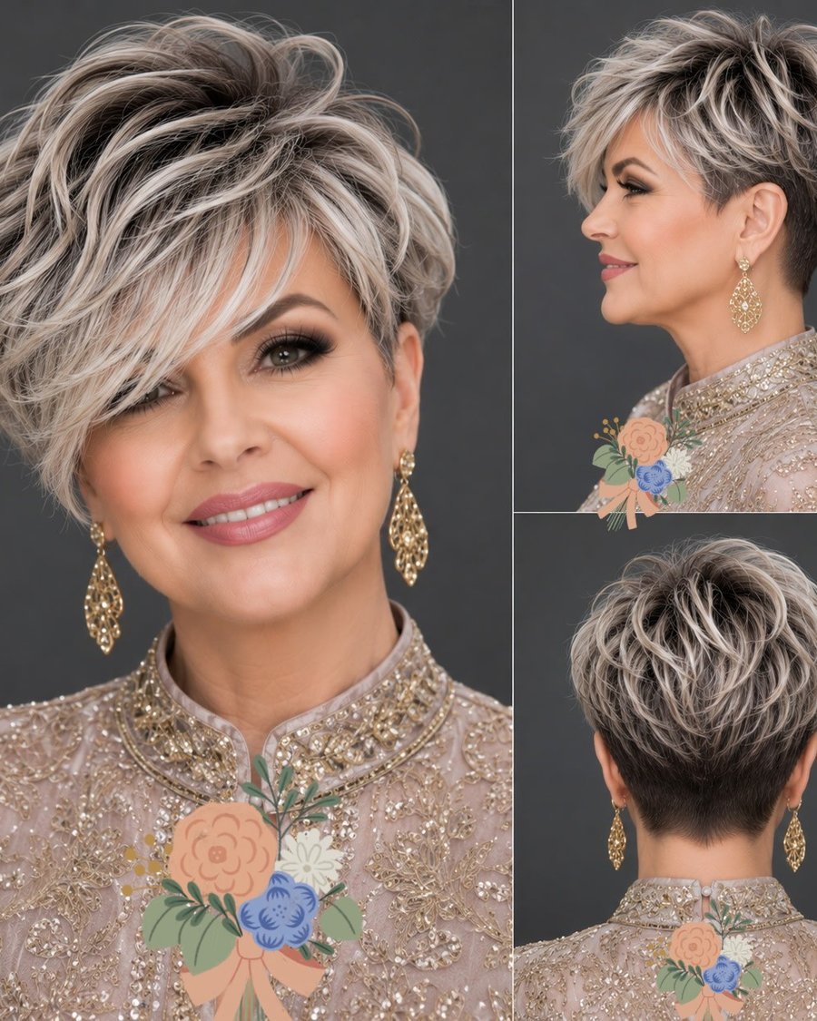 Silver layered long pixie for fine hair
