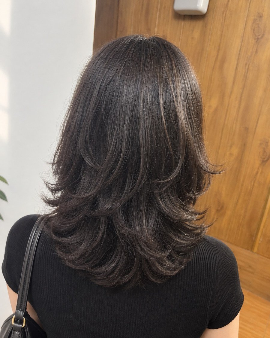 Rear view of dark shoulder-length hair with soft layered volume