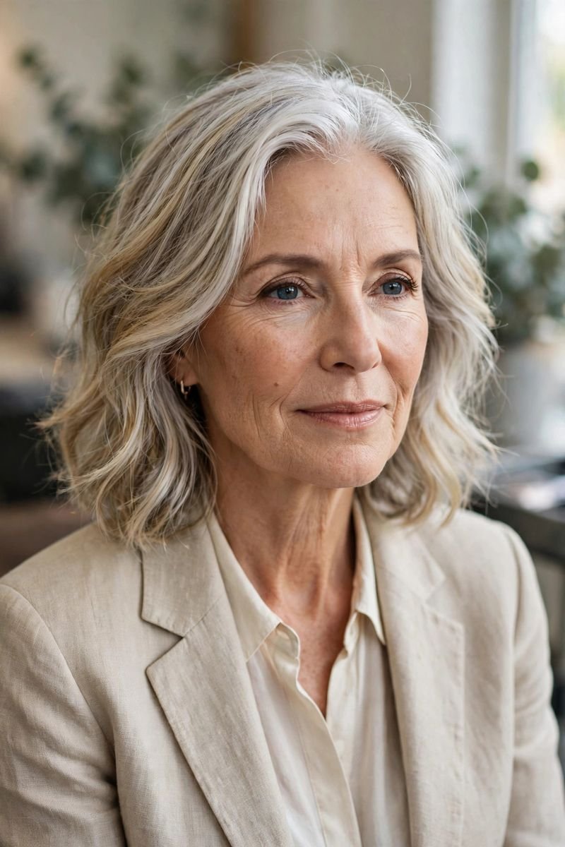 Blonde hair color idea for women over 50: Silver-White Blend