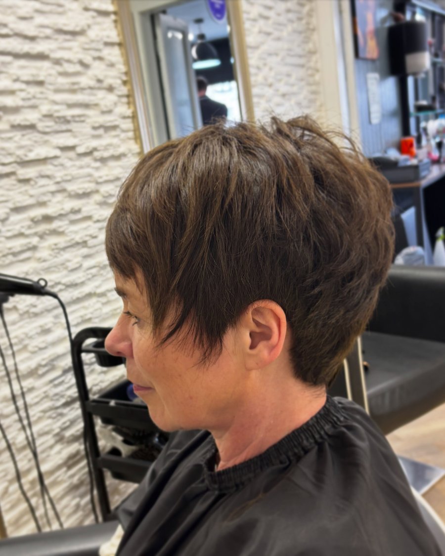 Soft romantic long pixie in brown