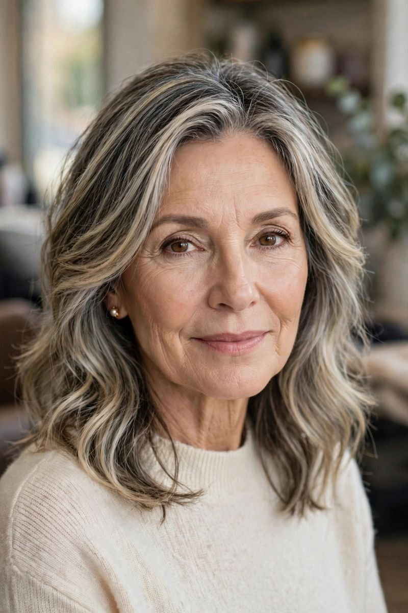 Blonde hair color idea for women over 50: Salt-and-Pepper Blonde Melt