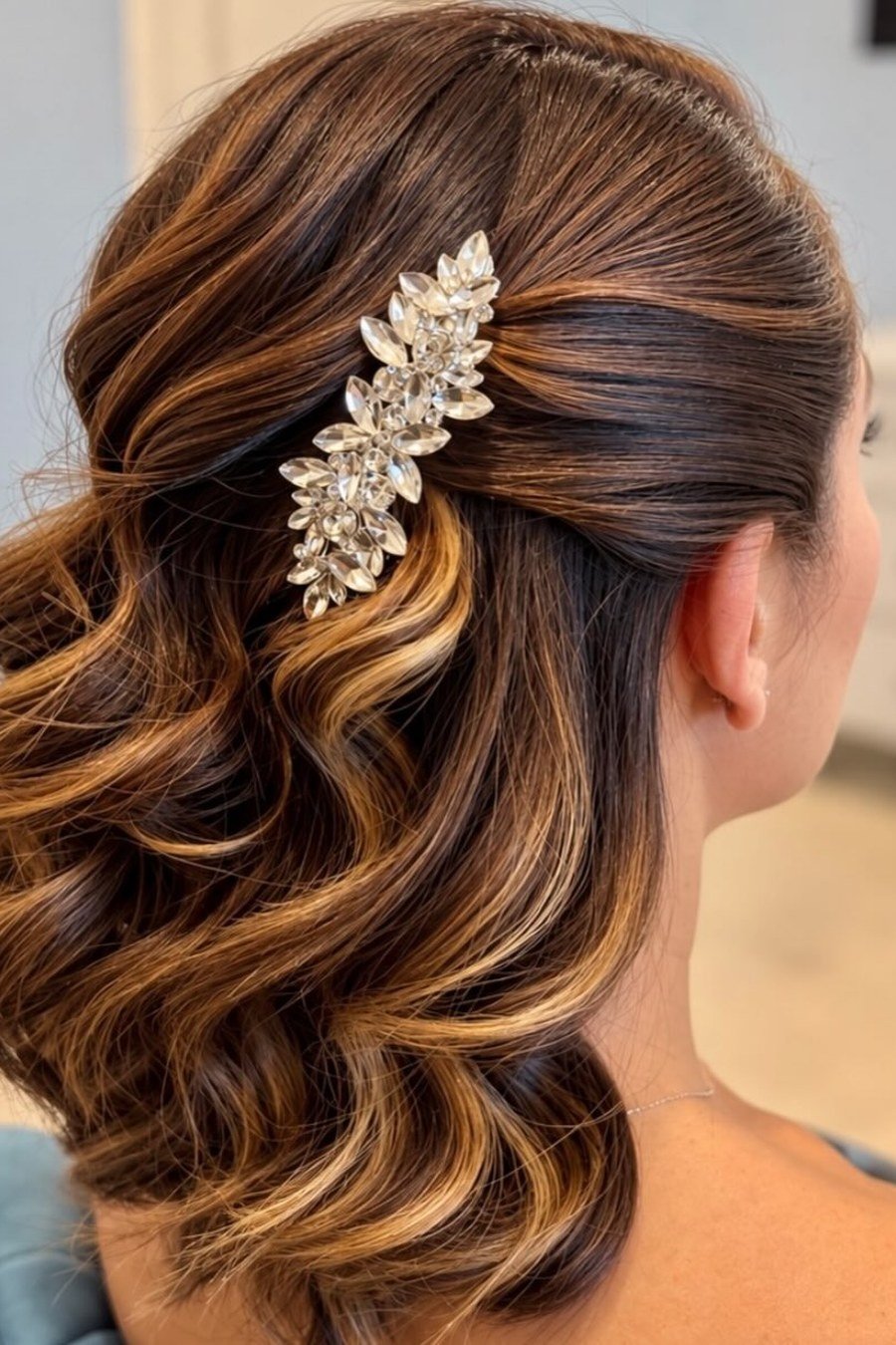 Crystal Clip Half-Up Style bridesmaid hairstyle