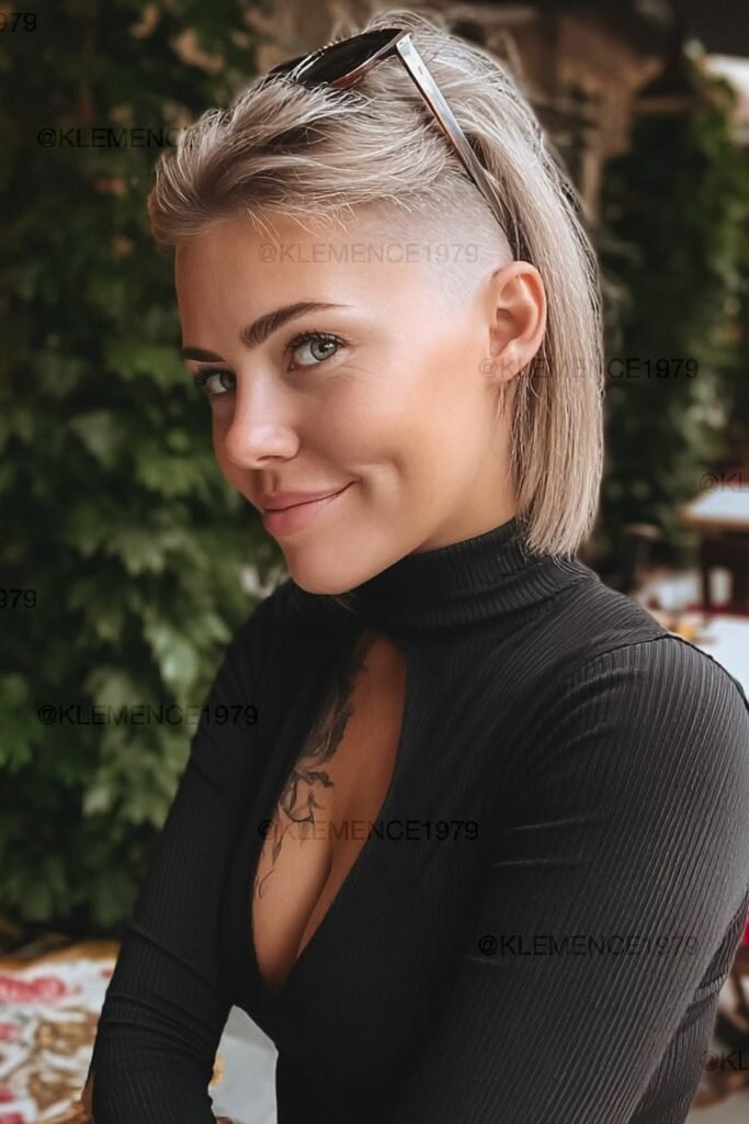 Stunning long pixie cut with shaved side, blonde woman