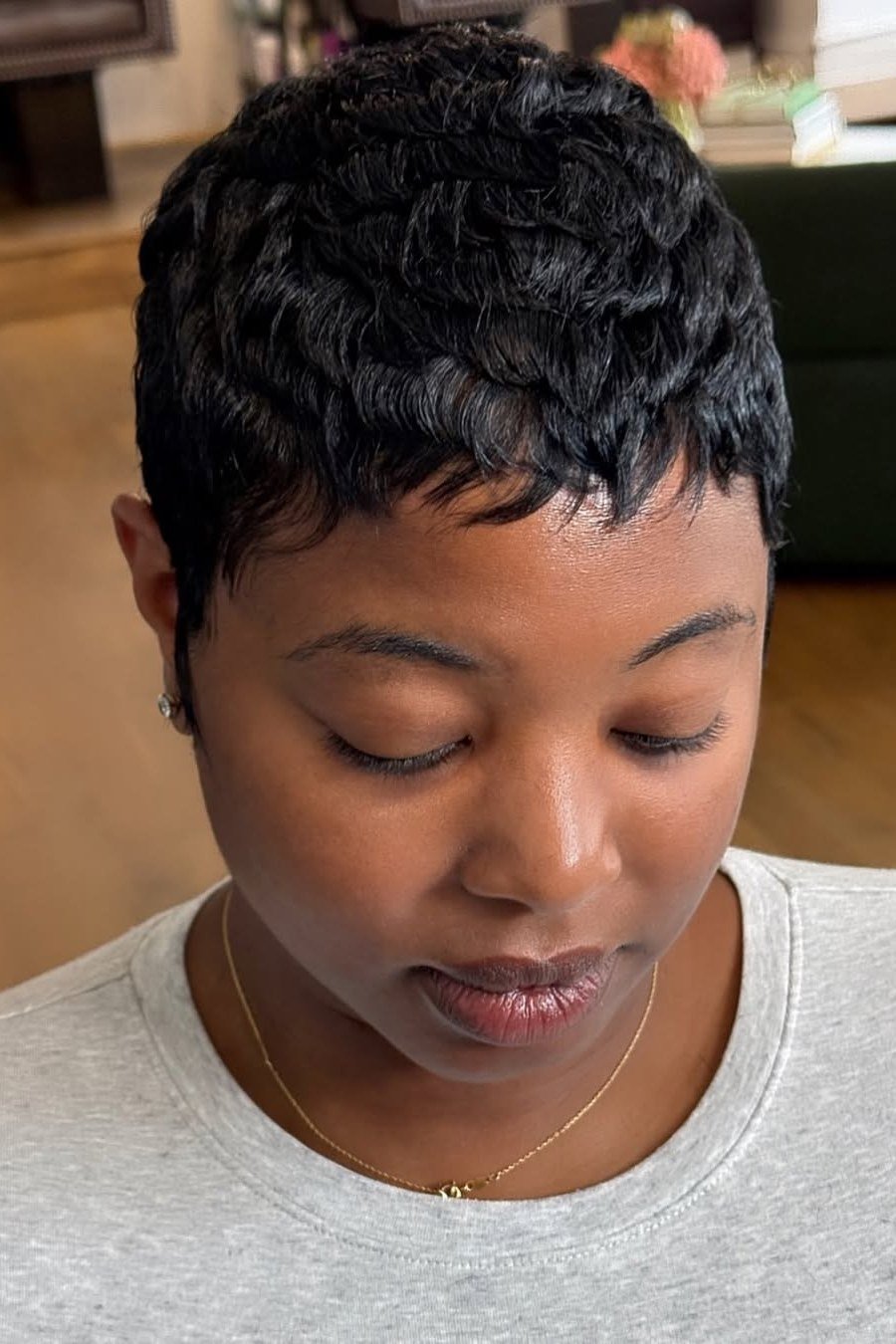 Textured Pixie Bob — low maintenance black woman ear length short bob
