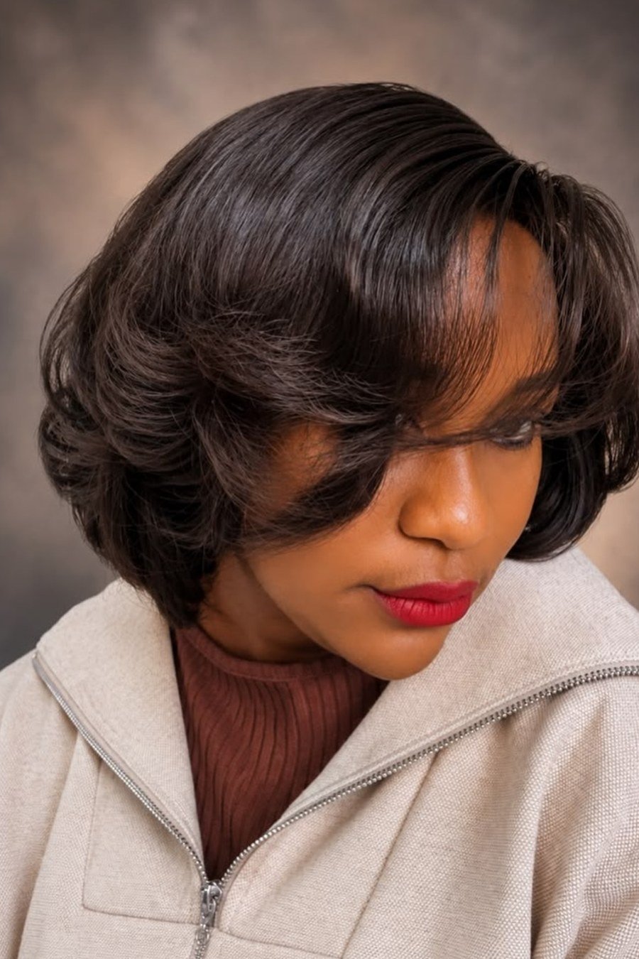 Layered Bob with Side Bangs — low maintenance black woman ear length short bob